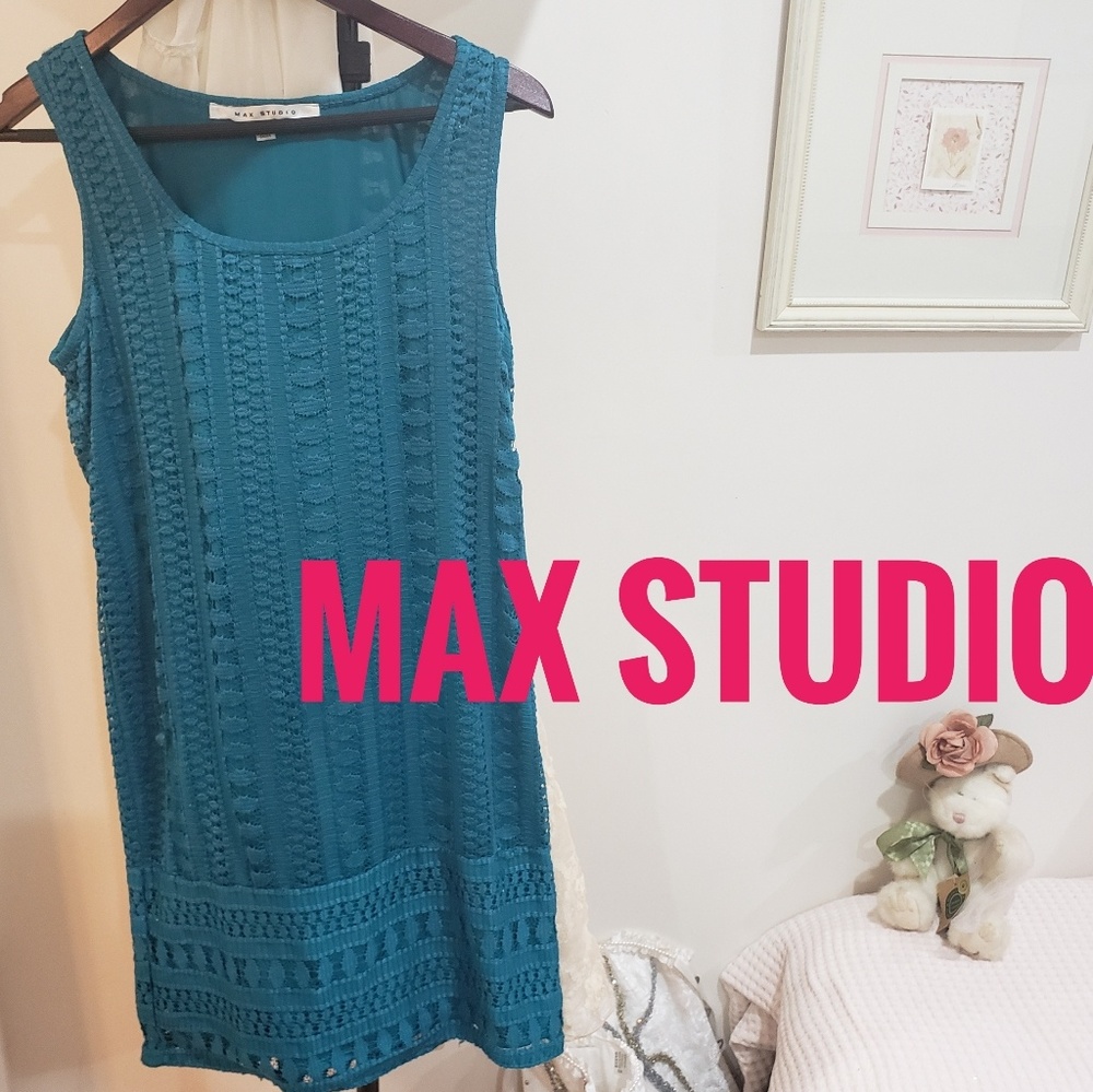 MAX STUDIO bright teal crochet shift dress S